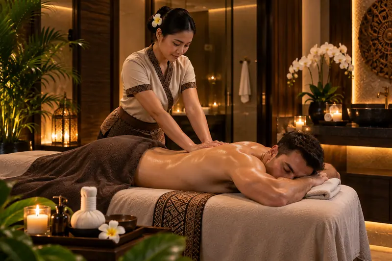 Full body oil massage in a candlelit private suite