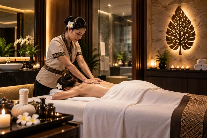 Therapist giving a back massage in a candlelit VIP suite at Thai Elysium Spa, Al Meydan
