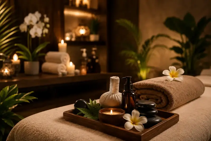 Massage stones, oils and towels on a treatment bed for a hot stone massage in Meydan