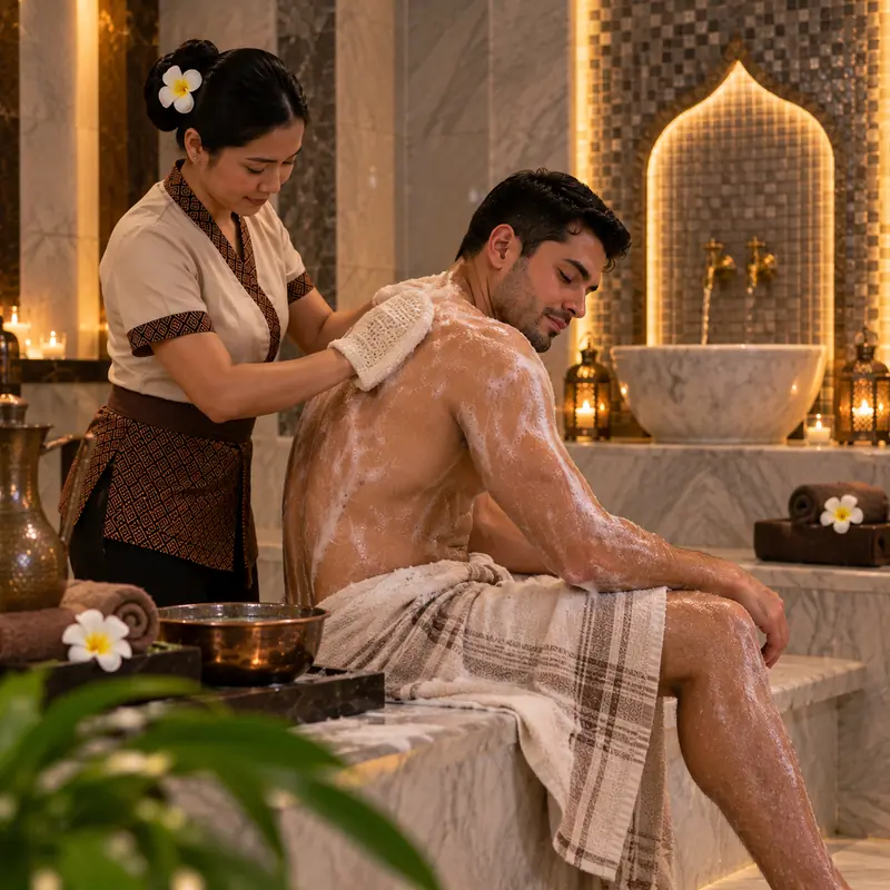 Kessa glove exfoliation during a Moroccan bath