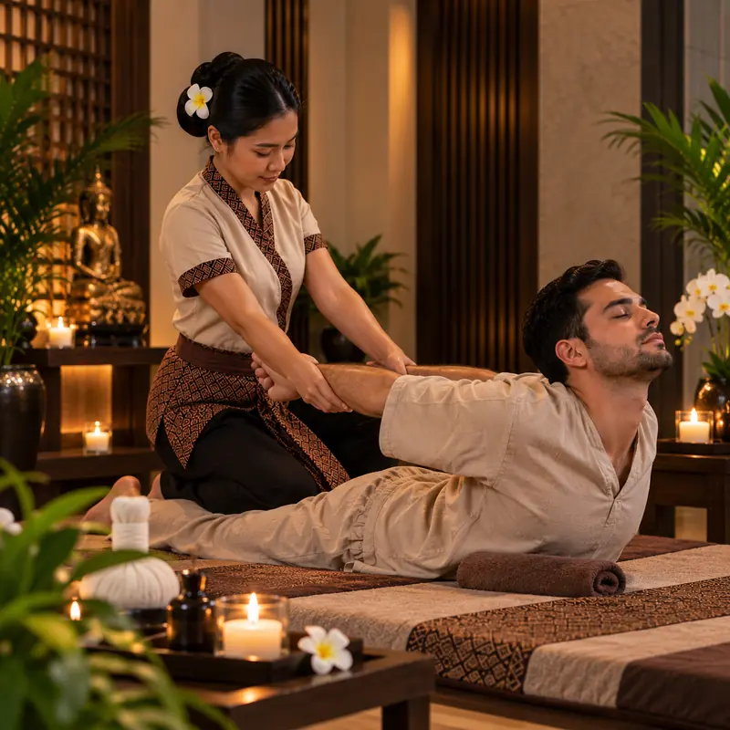 Therapist guiding an assisted Thai massage stretch